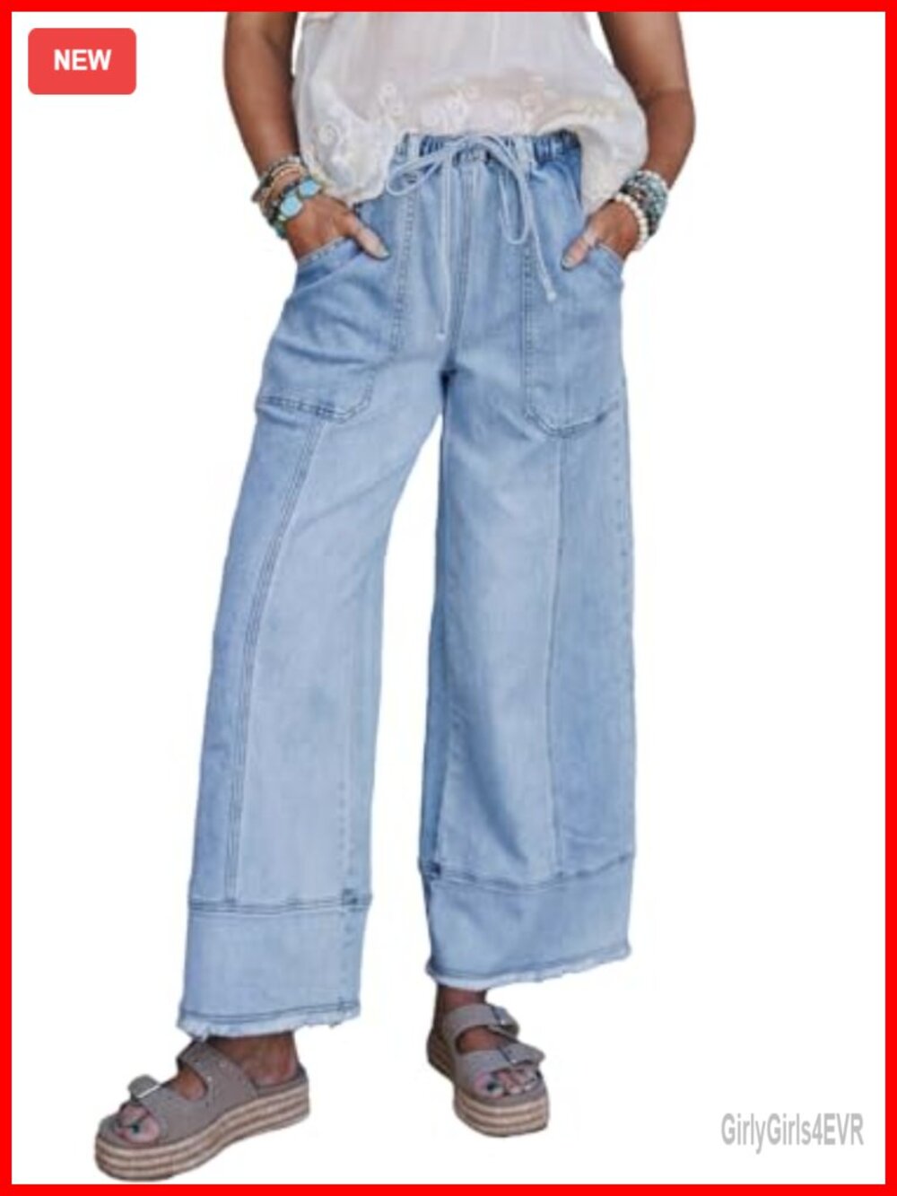 Women's Wide Leg High Waisted Drawstring Stretchy Denim Jeans
